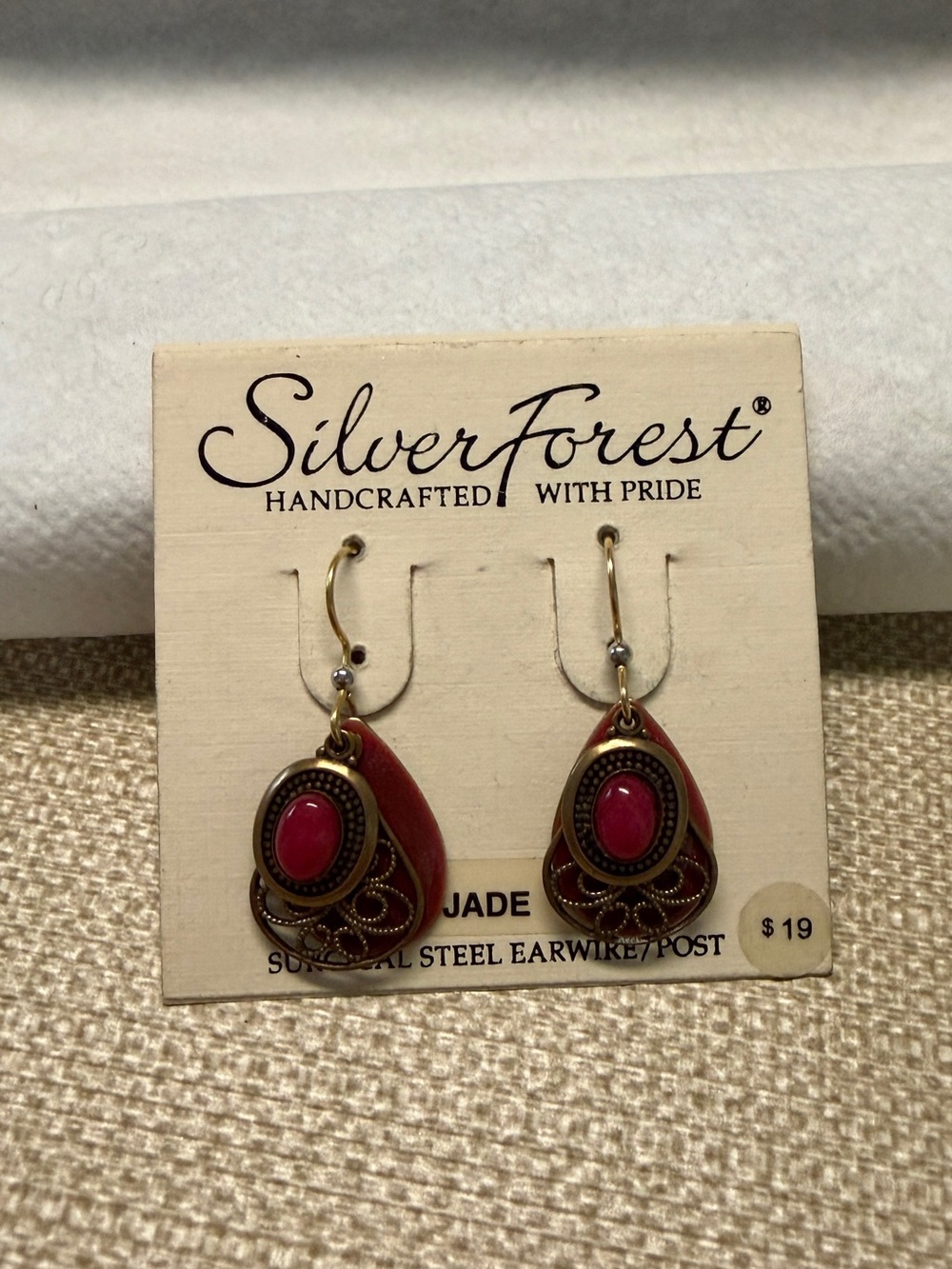Silver Forest Red Teardrop Earrings with Antique Gold Filigree